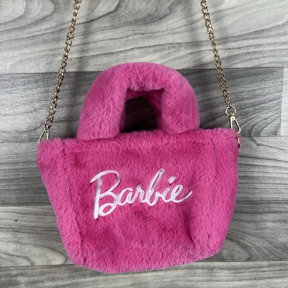 Barbie Pink Fuzzy Crossbody Bag with Gold Chain